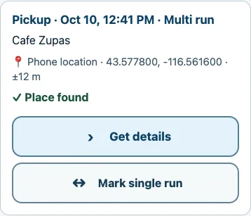 Saved Cafe Zupas pickup with time, phone pin, and place found